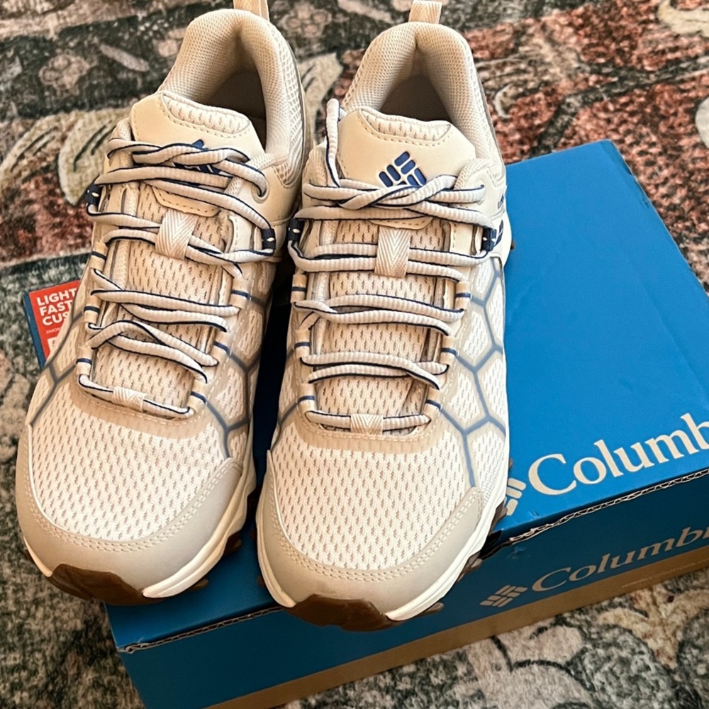 Columbia Peakfreak ll Light Tan Athletic Shoes with Blue Details